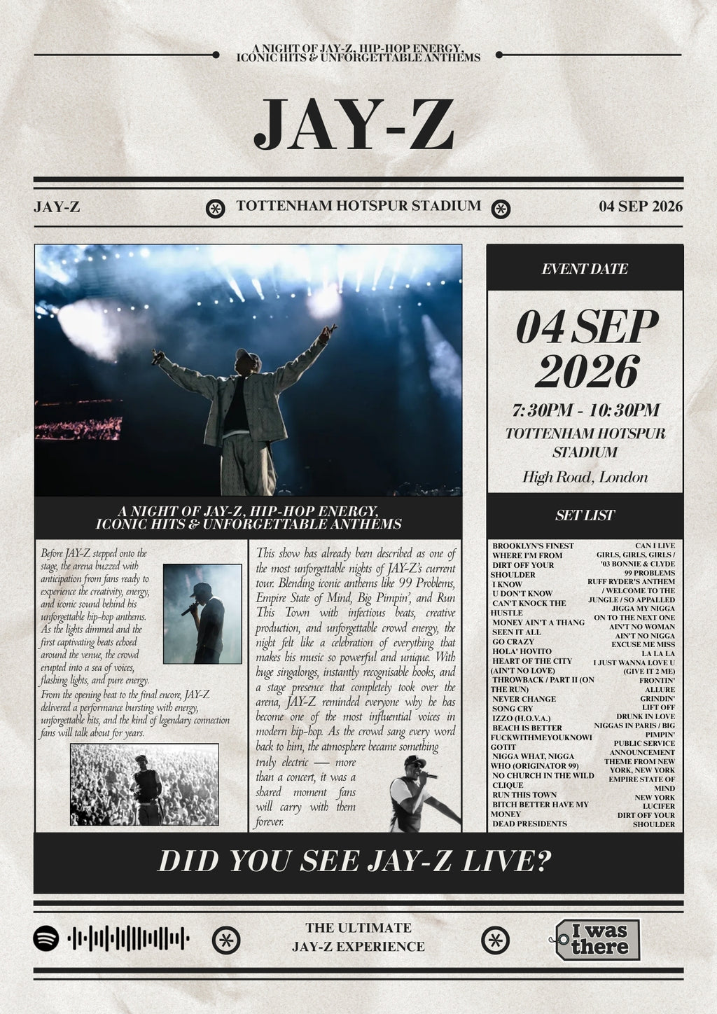 Jay-Z - Personalised Newspaper Style Concert Poster (USA Tour)