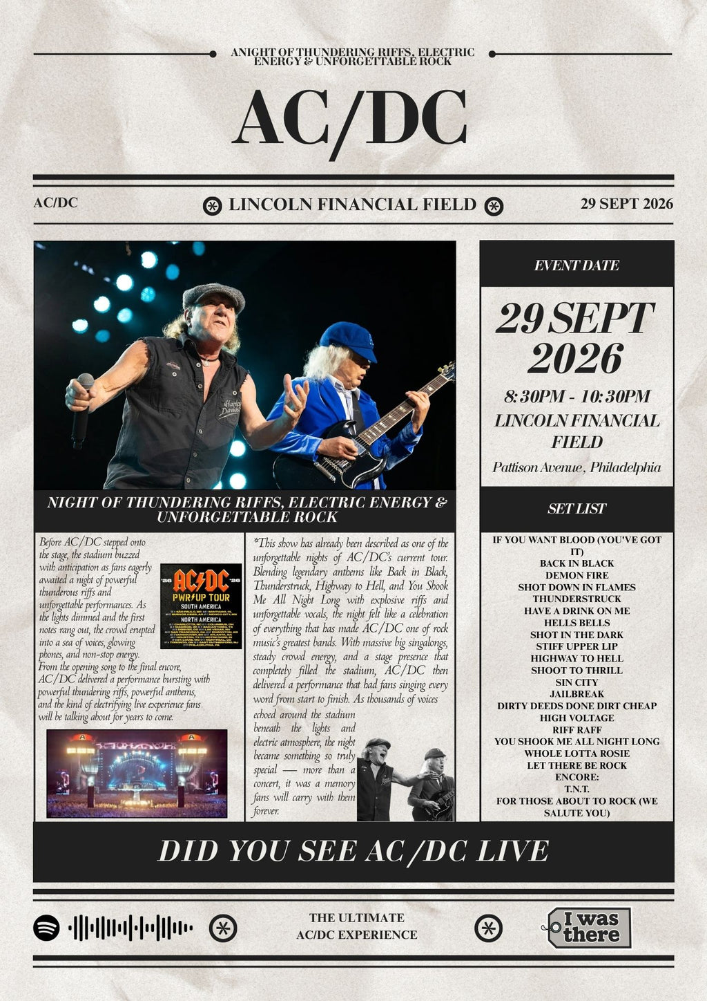 AC\DC - Personalised Newspaper Style Concert Poster (USA Tour)