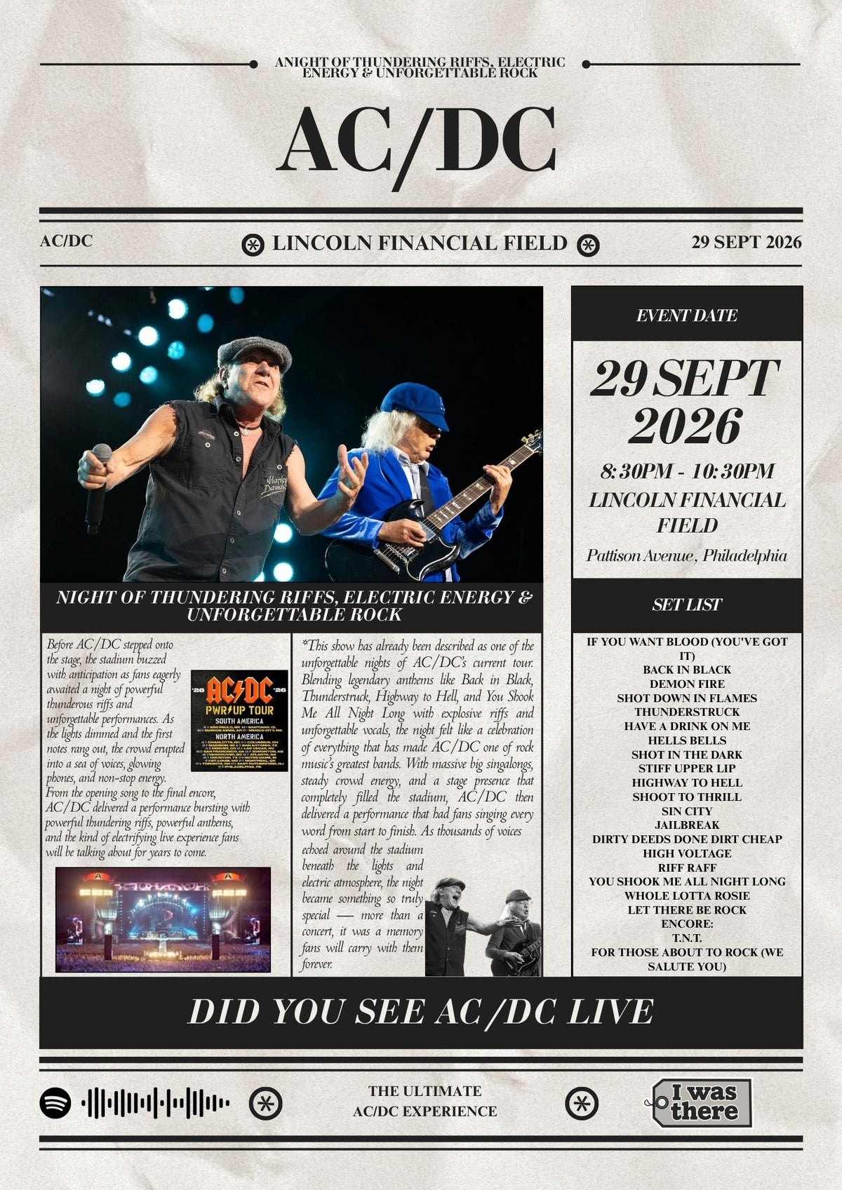 AC\DC - Personalised Newspaper Style Concert Poster (USA Tour)