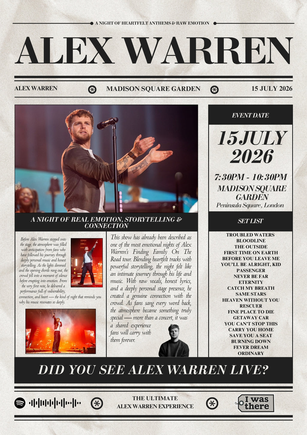 Alex Warren - Personalised Newspaper Style Concert Poster (USA Tour)