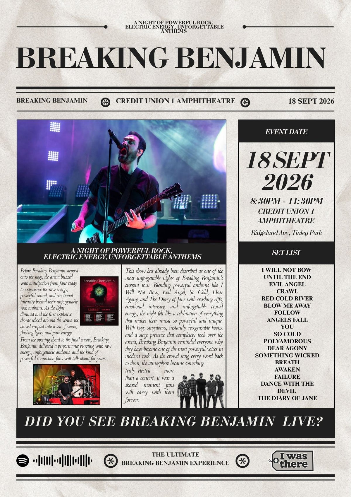 Breaking Benjamin - Personalised Newspaper Style Concert Poster (USA Tour)