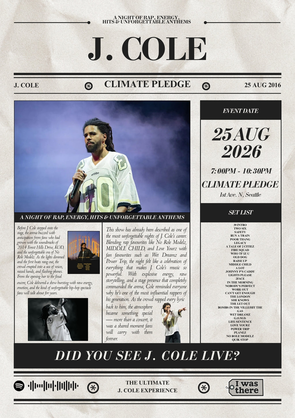 J. Cole - Personalised Newspaper Style Concert Poster (USA Tour)