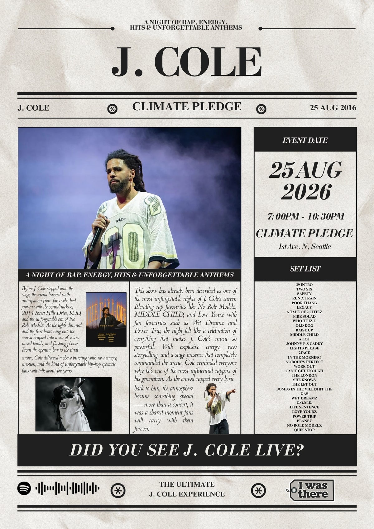 J. Cole - Personalised Newspaper Style Concert Poster (USA Tour)