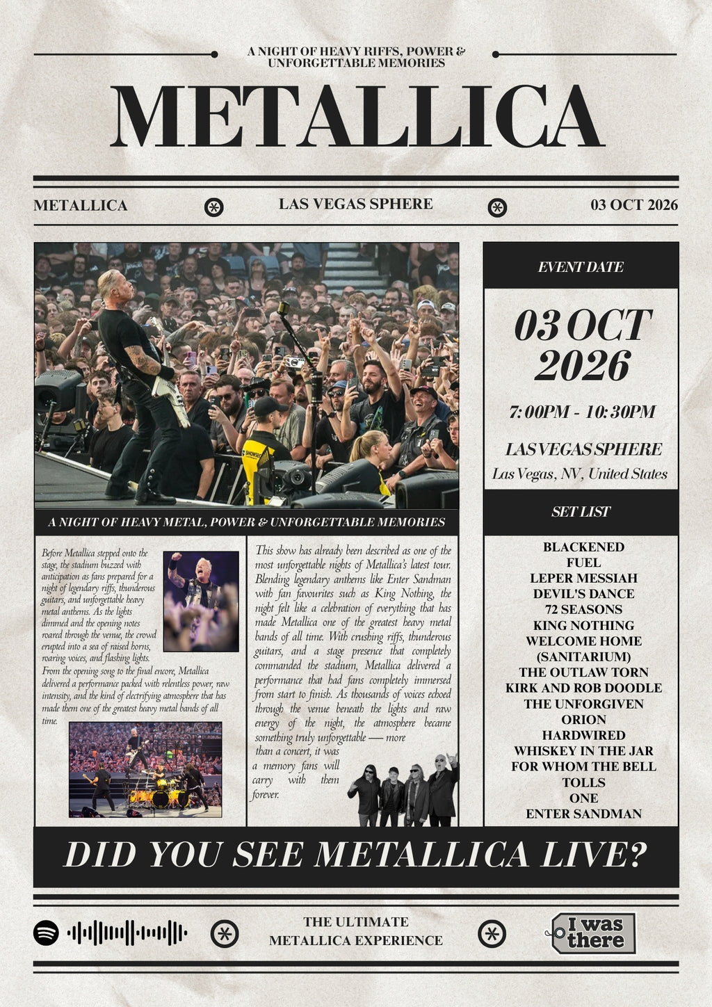 Metallica - Personalised Newspaper Style Concert Poster (USA Tour)