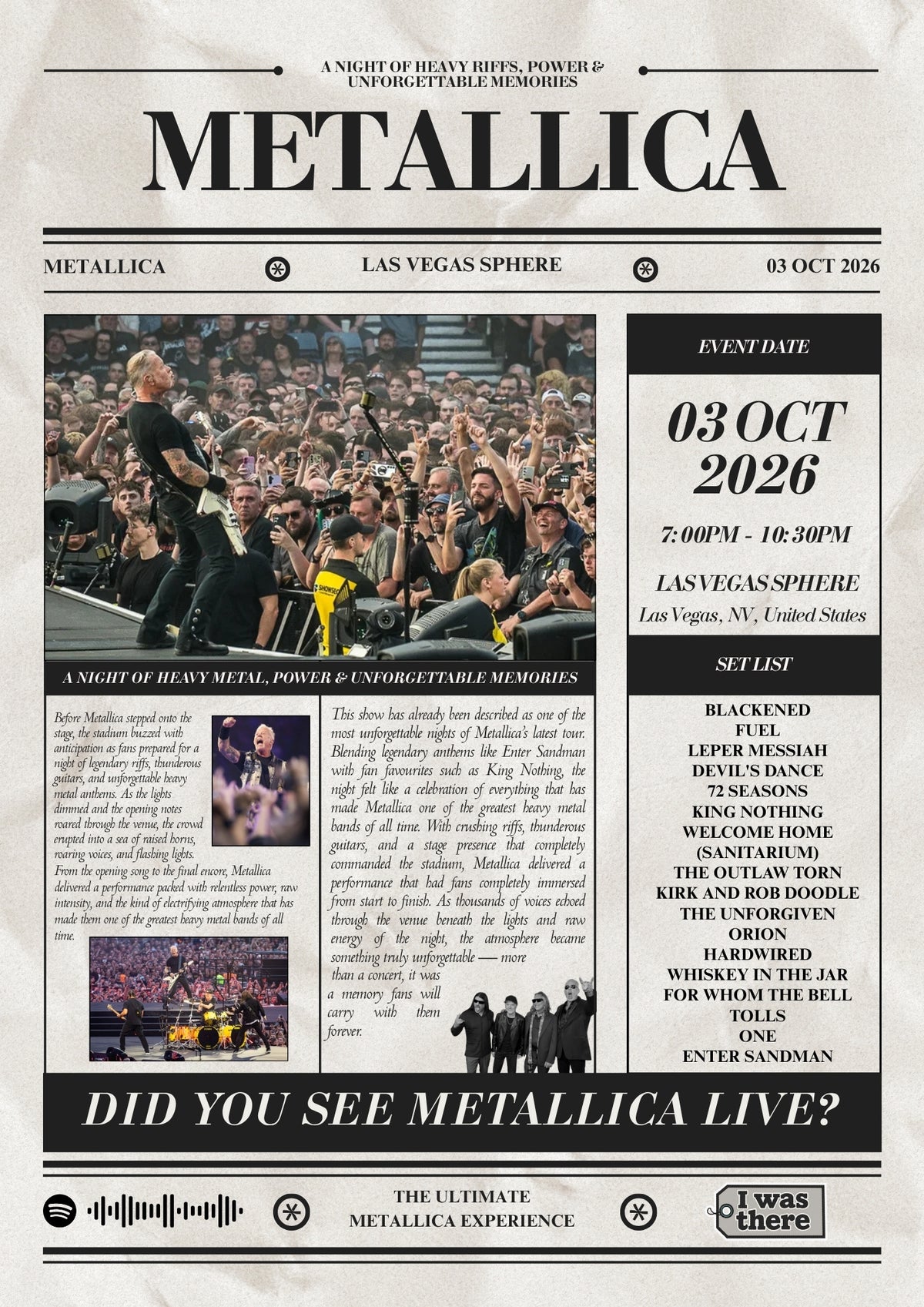 Metallica - Personalised Newspaper Style Concert Poster (USA Tour)