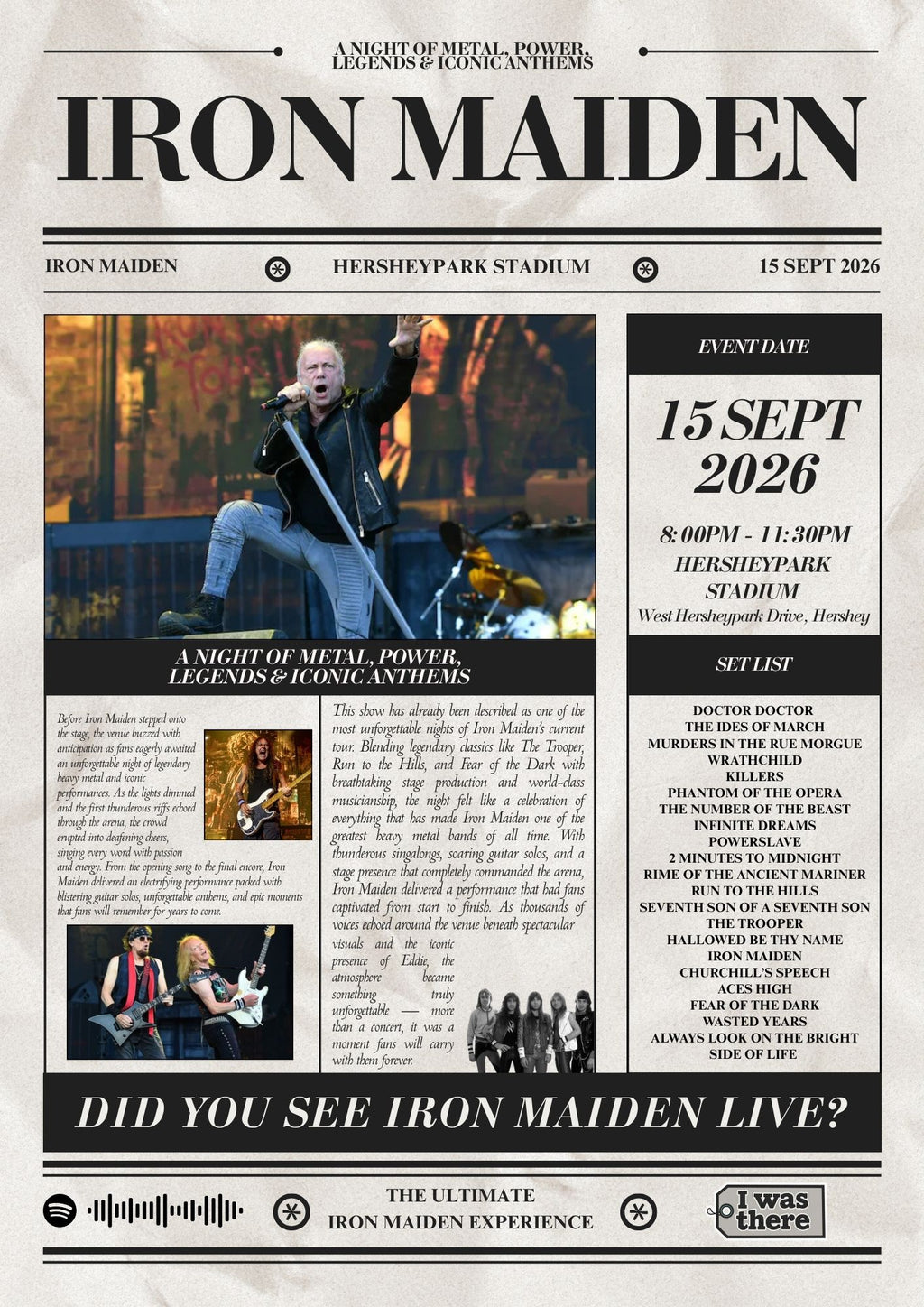Iron Maiden - Personalised Newspaper Style Concert Poster (USA Tour)