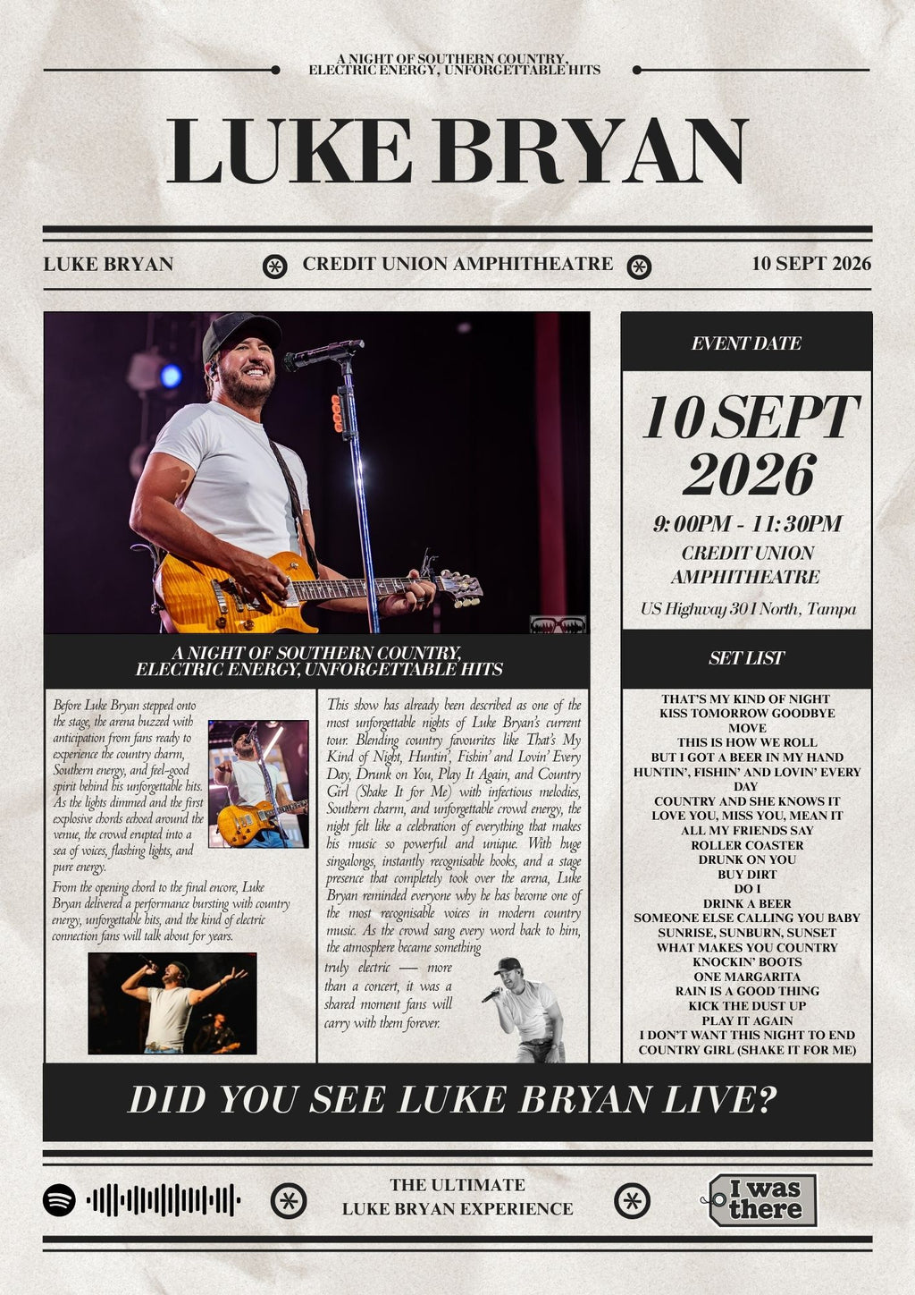 Luke Bryan - Personalised Newspaper Style Concert Poster (USA Tour)