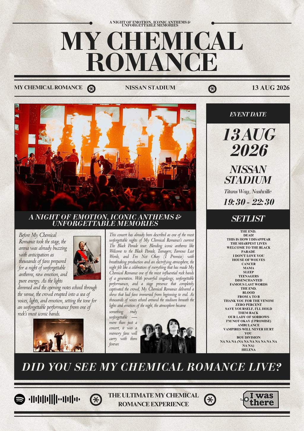 My Chemical Romance - Personalised Newspaper Style Concert Poster (USA Tour)