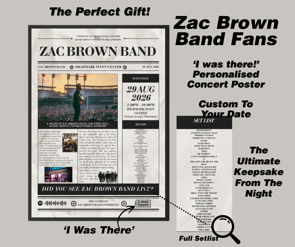 Zac Brown Band - Personalised Newspaper Style Concert Poster (USA Tour)