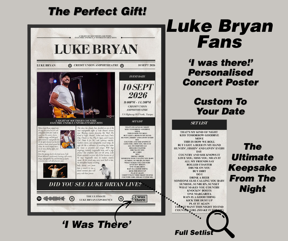 Luke Bryan - Personalised Newspaper Style Concert Poster (USA Tour)