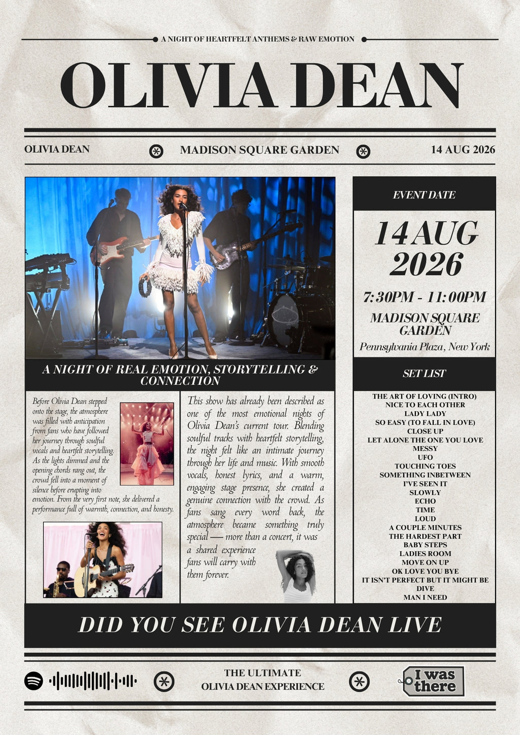 Olivia Dean - Personalised Newspaper Style Concert Poster (USA Tour)