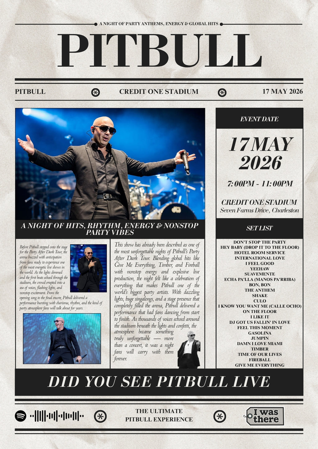 Pitbull - Personalised Newspaper Style Concert Poster (USA Tour)