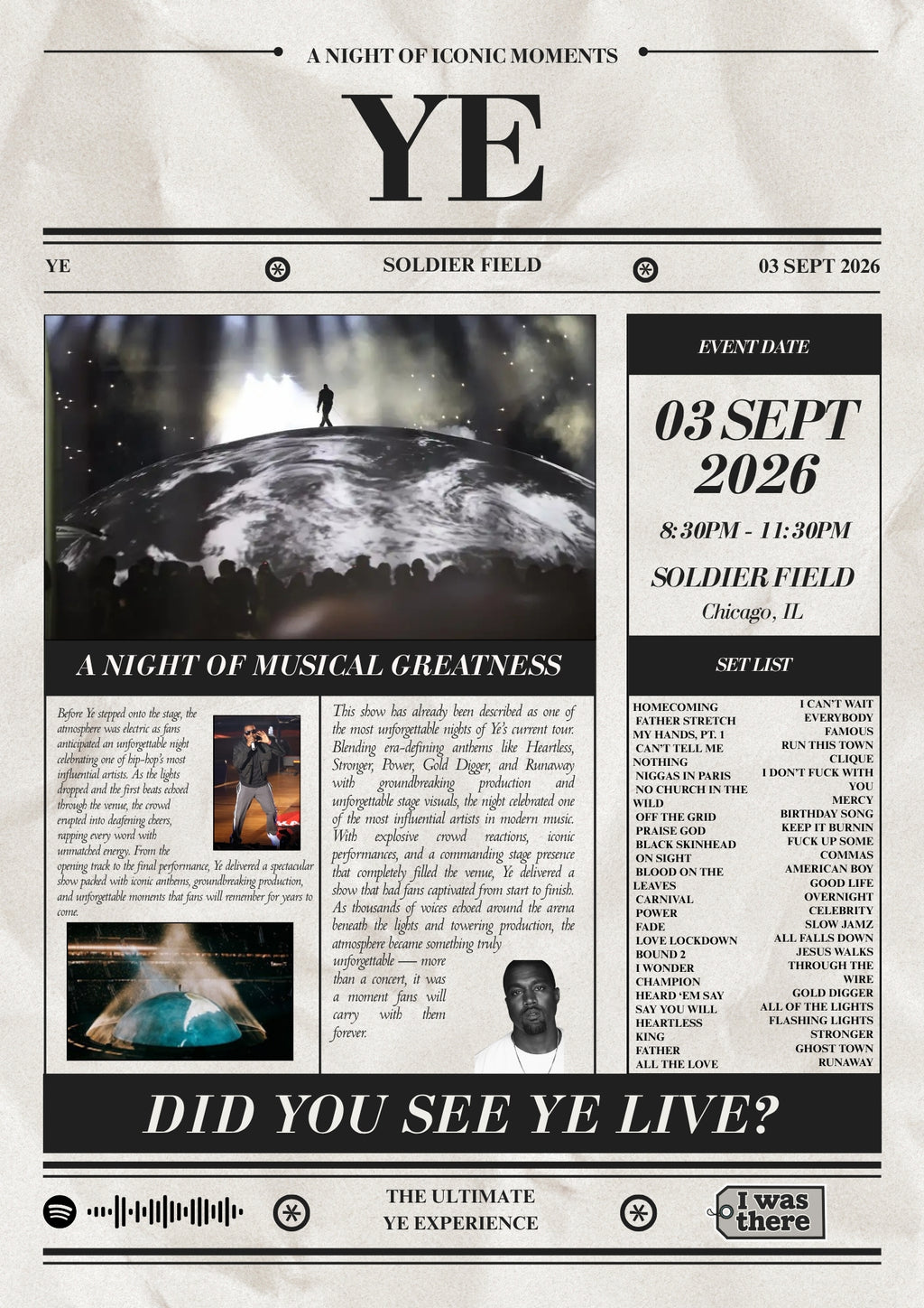 Kanye West - Personalised Newspaper Style Concert Poster (USA Tour)