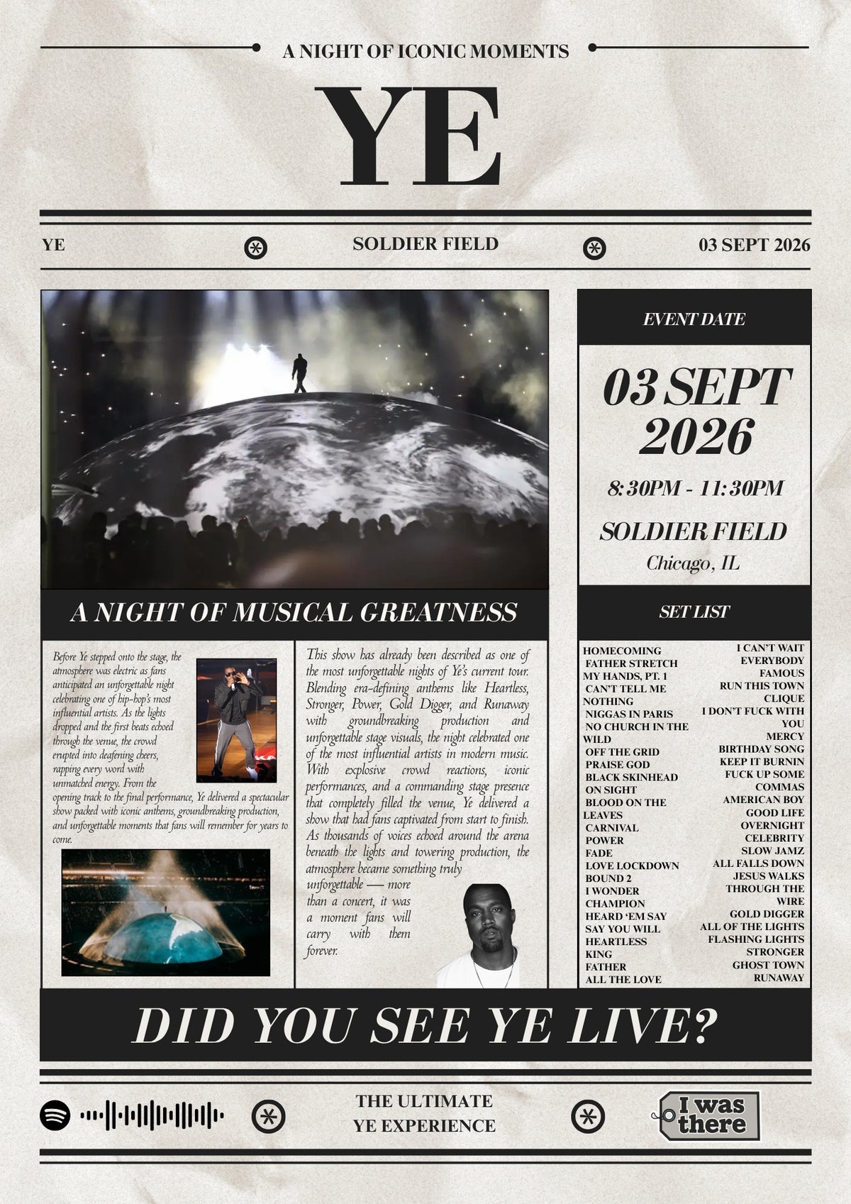 Kanye West - Personalised Newspaper Style Concert Poster (USA Tour)