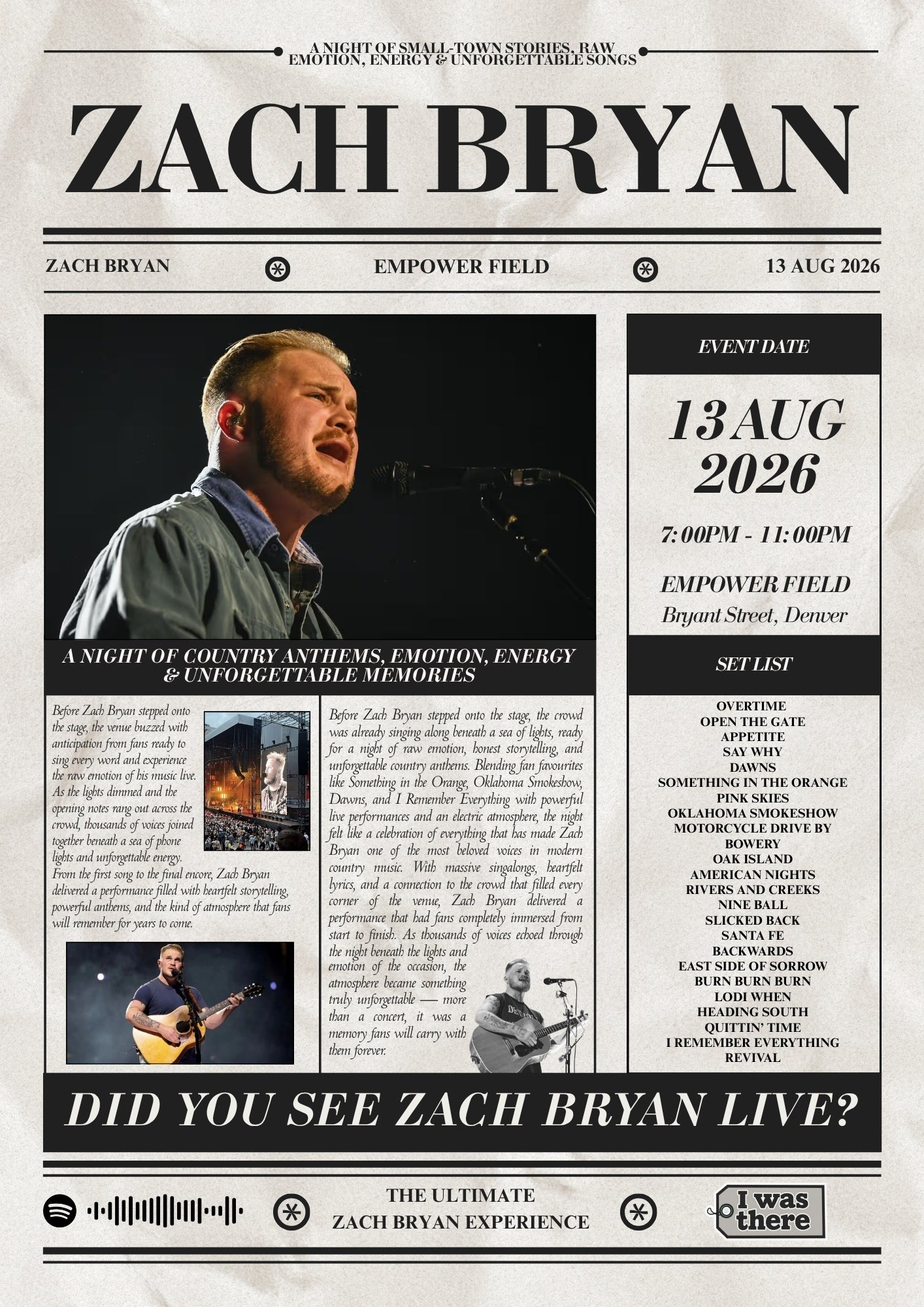 Zach Bryan - Personalised Newspaper Style Concert Poster (USA Tour)
