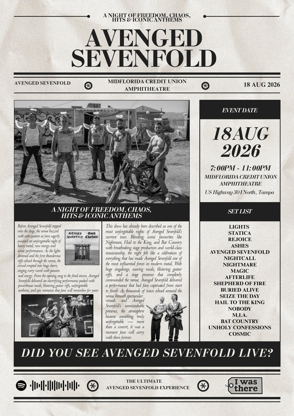 Avenged Sevenfold - Personalised Newspaper Style Concert Poster (USA Tour)