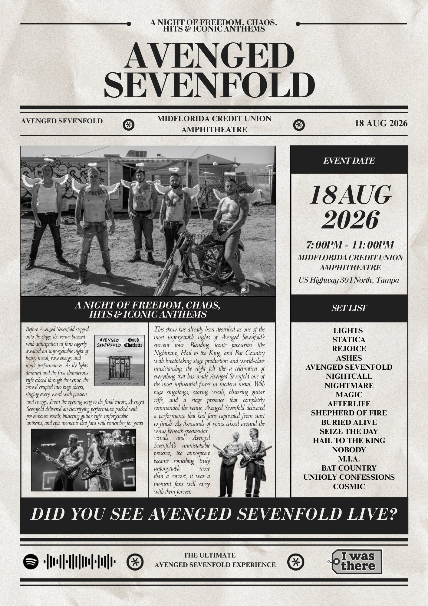 Avenged Sevenfold - Personalised Newspaper Style Concert Poster (USA Tour)