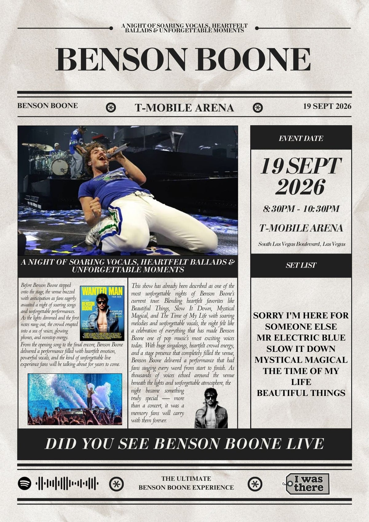 Benson Boone - Personalised Newspaper Style Concert Poster (USA Tour)