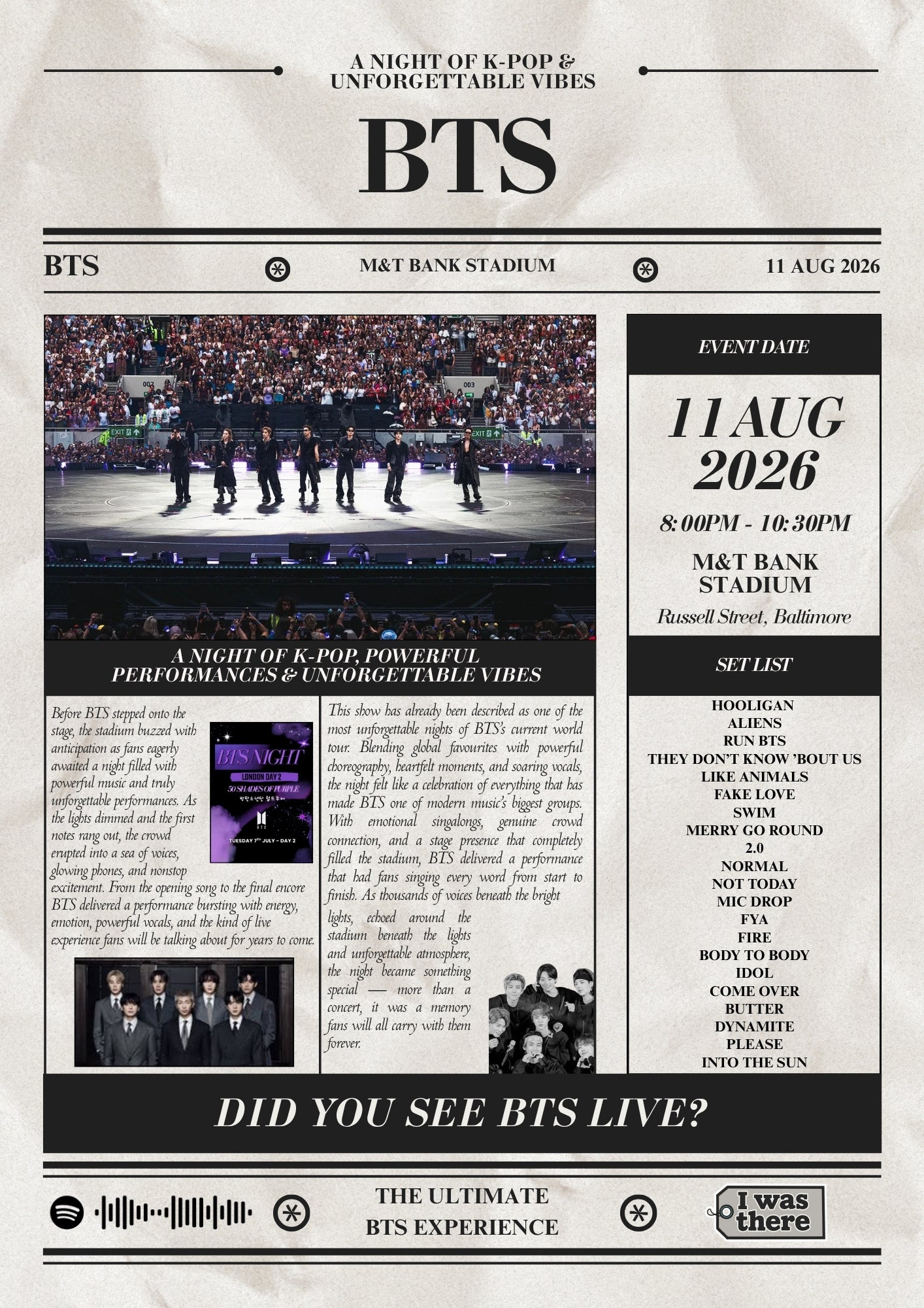 BTS - Personalised Newspaper Style Concert Poster (USA Tour)