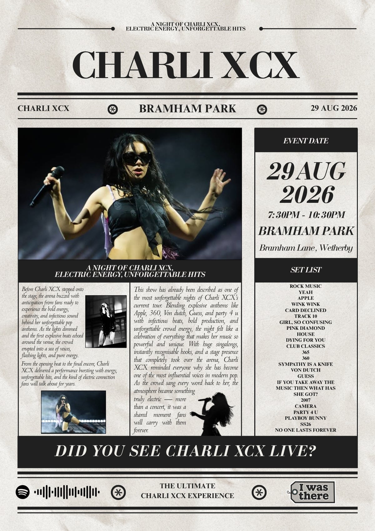 Charlie XCX - Personalised Newspaper Style Concert Poster (USA Tour)