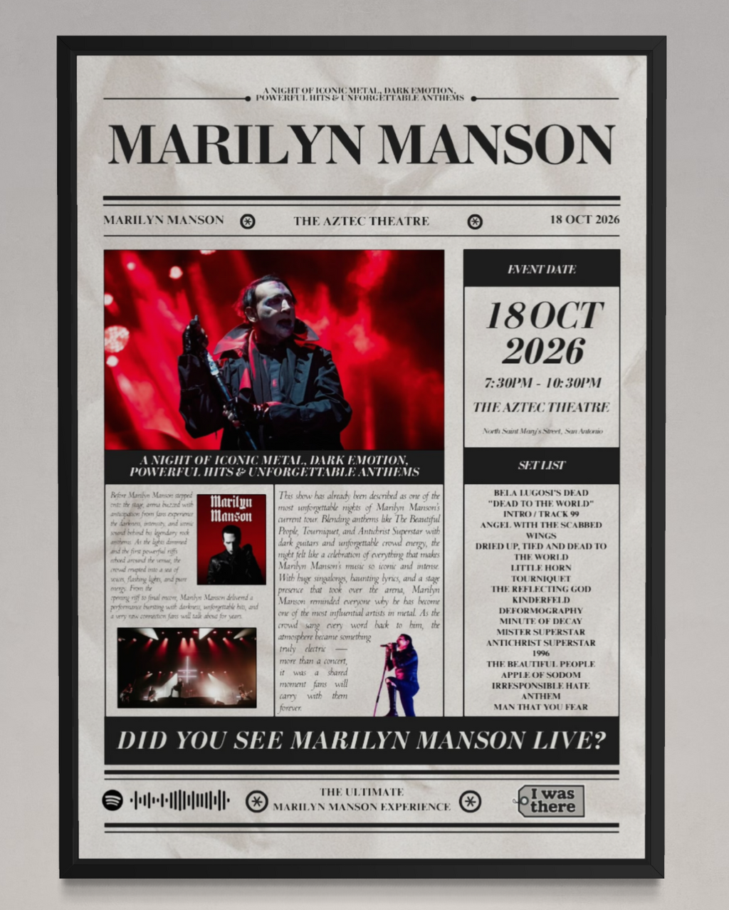 Marilyn Manson - Personalised Newspaper Style Concert Poster (USA Tour)