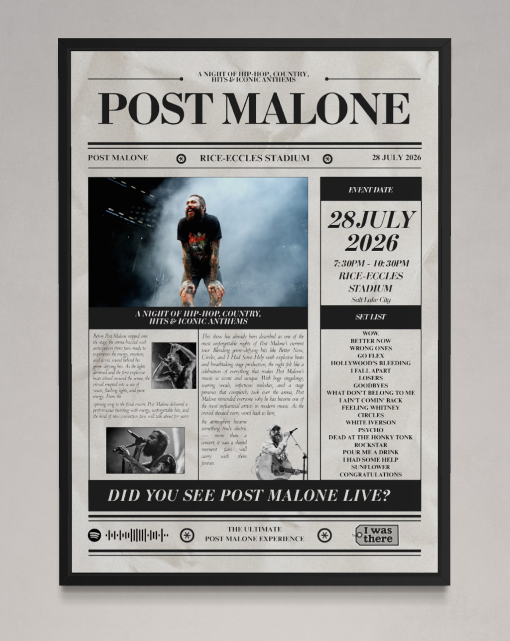 Post Malone - Personalised Newspaper Style Concert Poster (USA Tour)