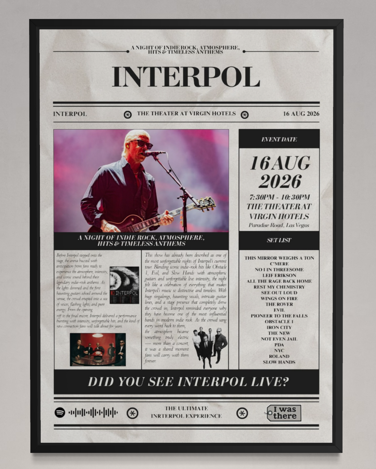 Interpol - Personalised Newspaper Style Concert Poster (USA Tour)