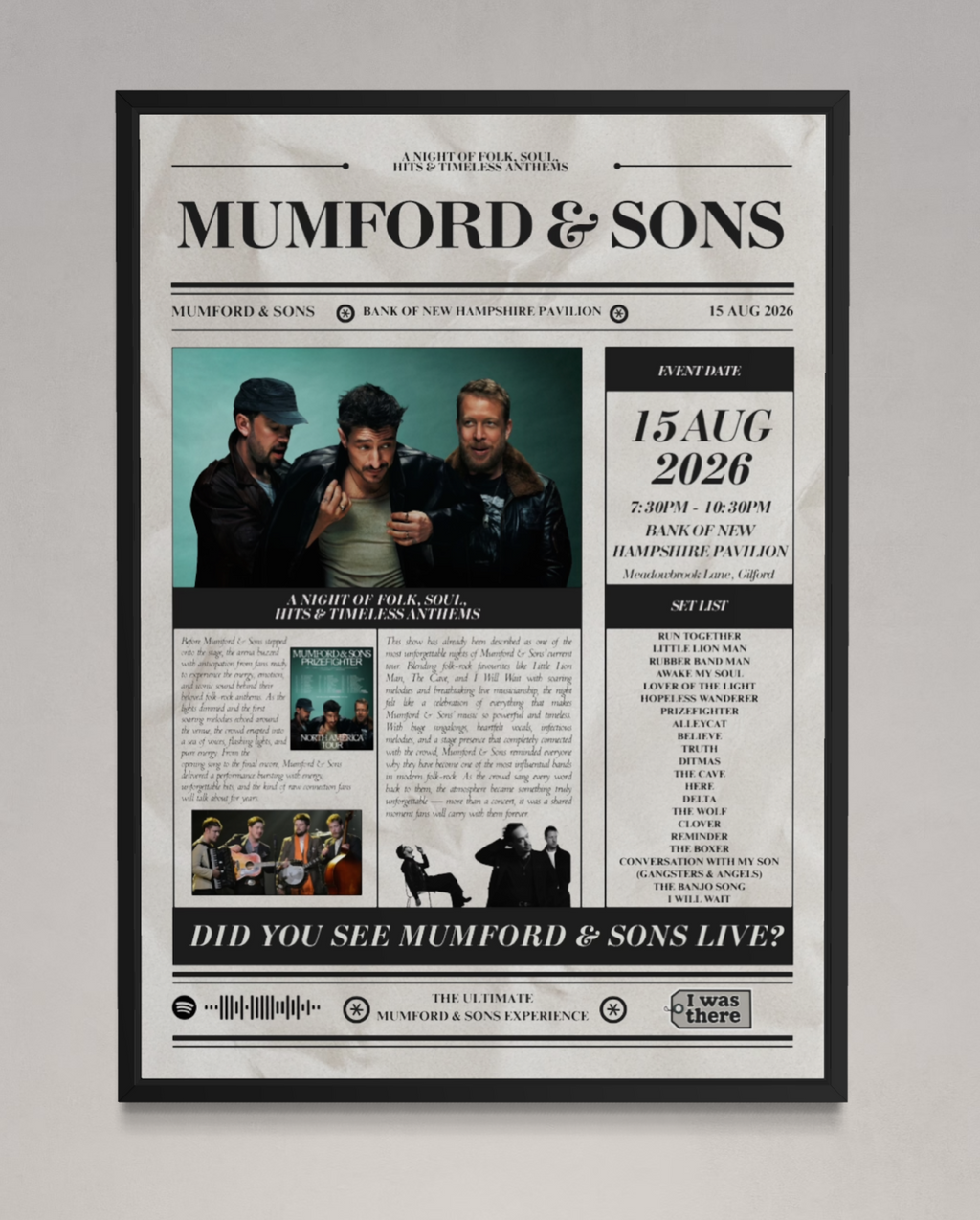 Mumford & Sons - Personalised Newspaper Style Concert Poster (USA Tour)