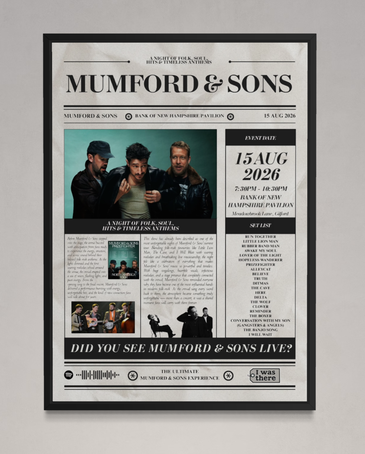 Mumford & Sons - Personalised Newspaper Style Concert Poster (USA Tour)