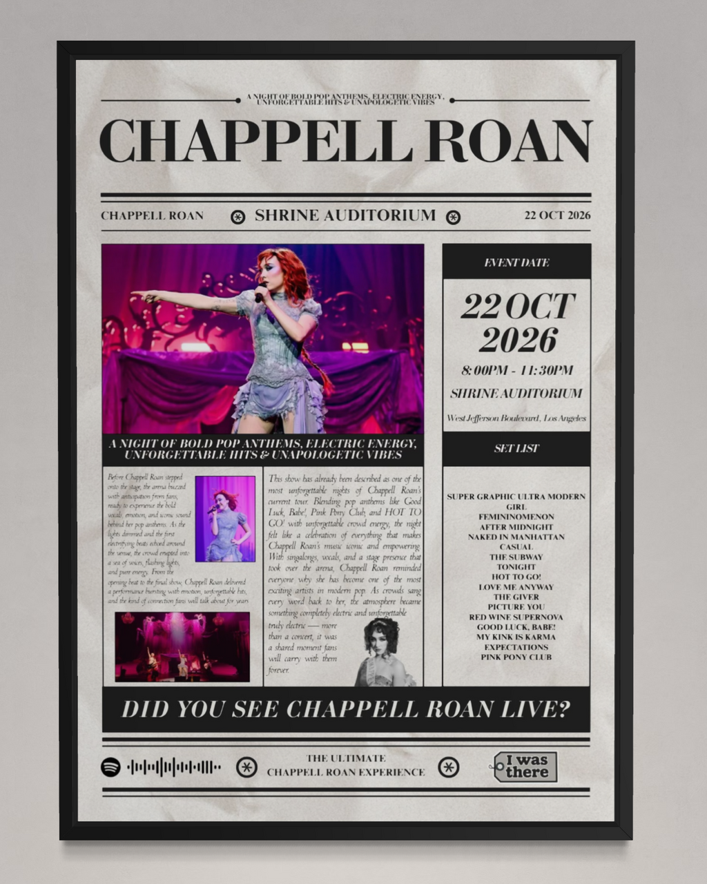 Chappell Roan - Personalised Newspaper Style Concert Poster (USA Tour)