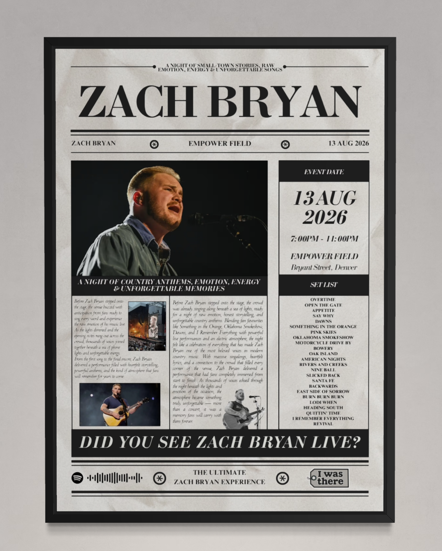 Zach Bryan - Personalised Newspaper Style Concert Poster (USA Tour)