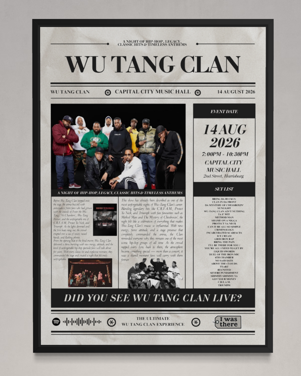 Wu Tang Clan - Personalised Newspaper Style Concert Poster (USA Tour)