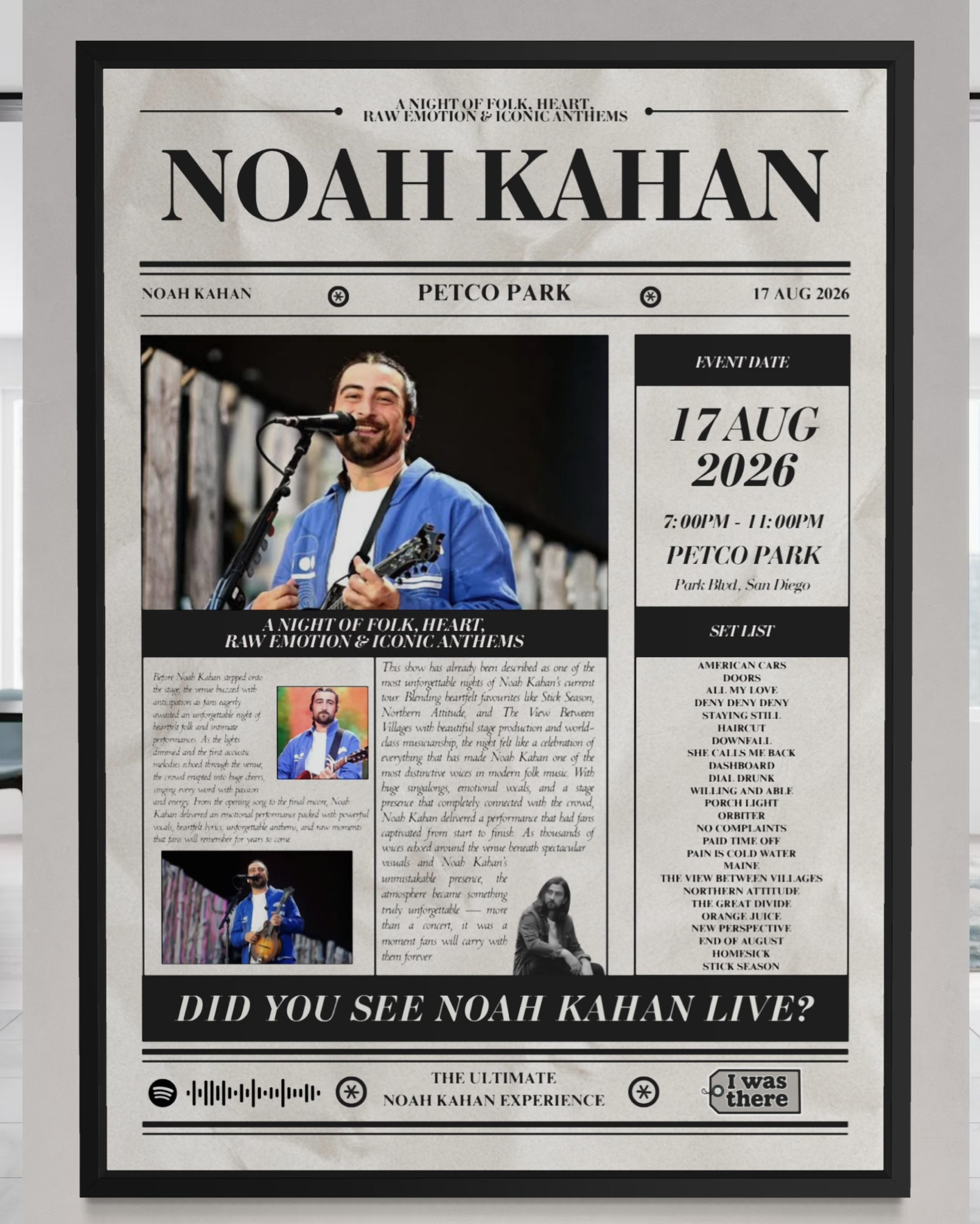 Noah Kahan - Personalised Newspaper Style Concert Poster (USA Tour)