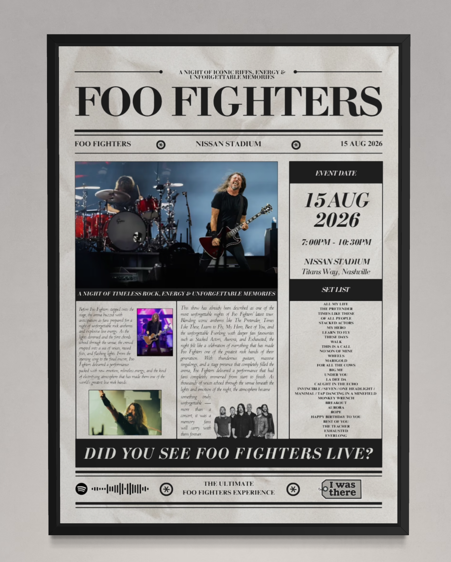 Foo Fighters - Personalised Newspaper Style Concert Poster (USA Tour)