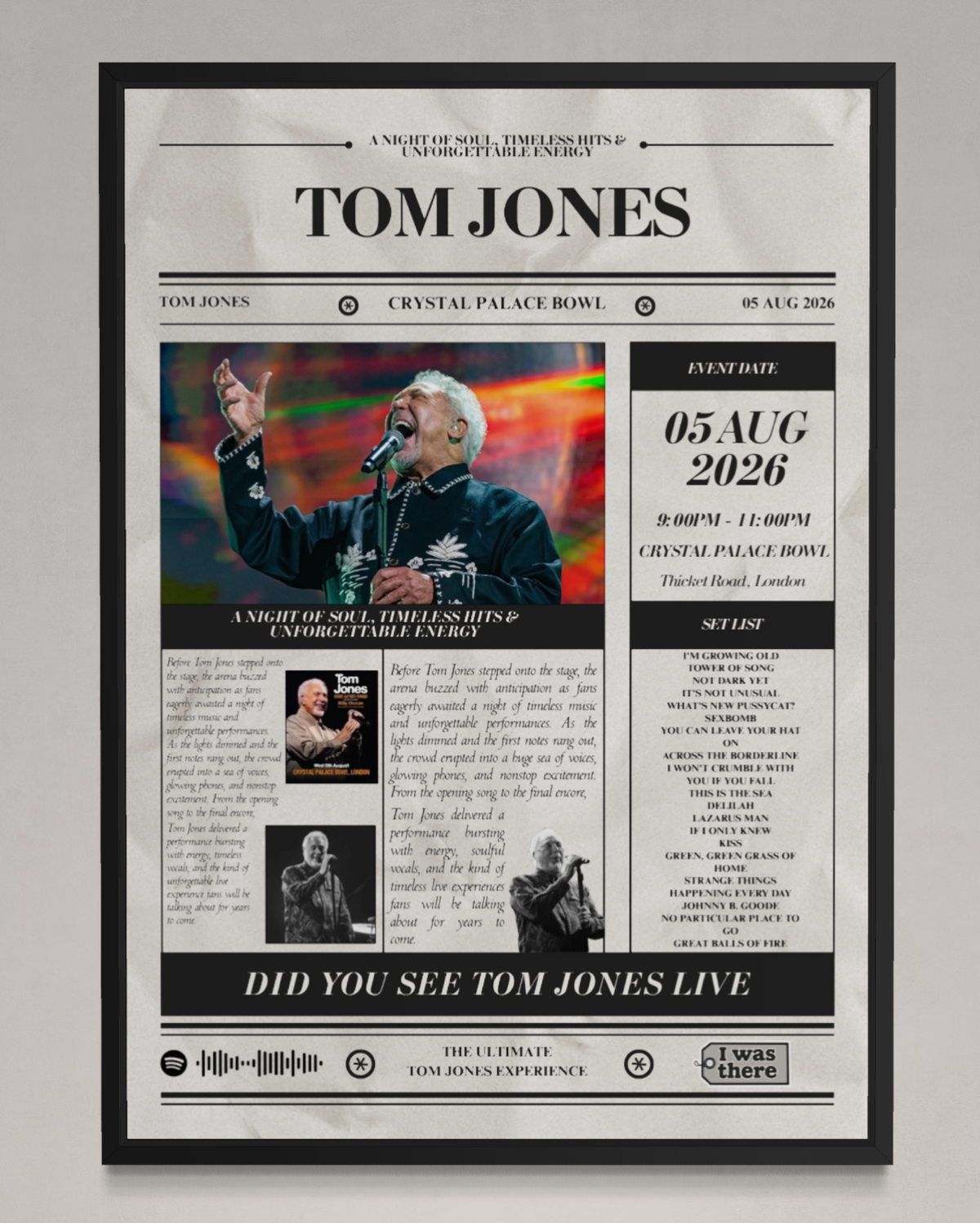 Tom Jones - Personalised Newspaper Style Concert Poster (USA Tour)