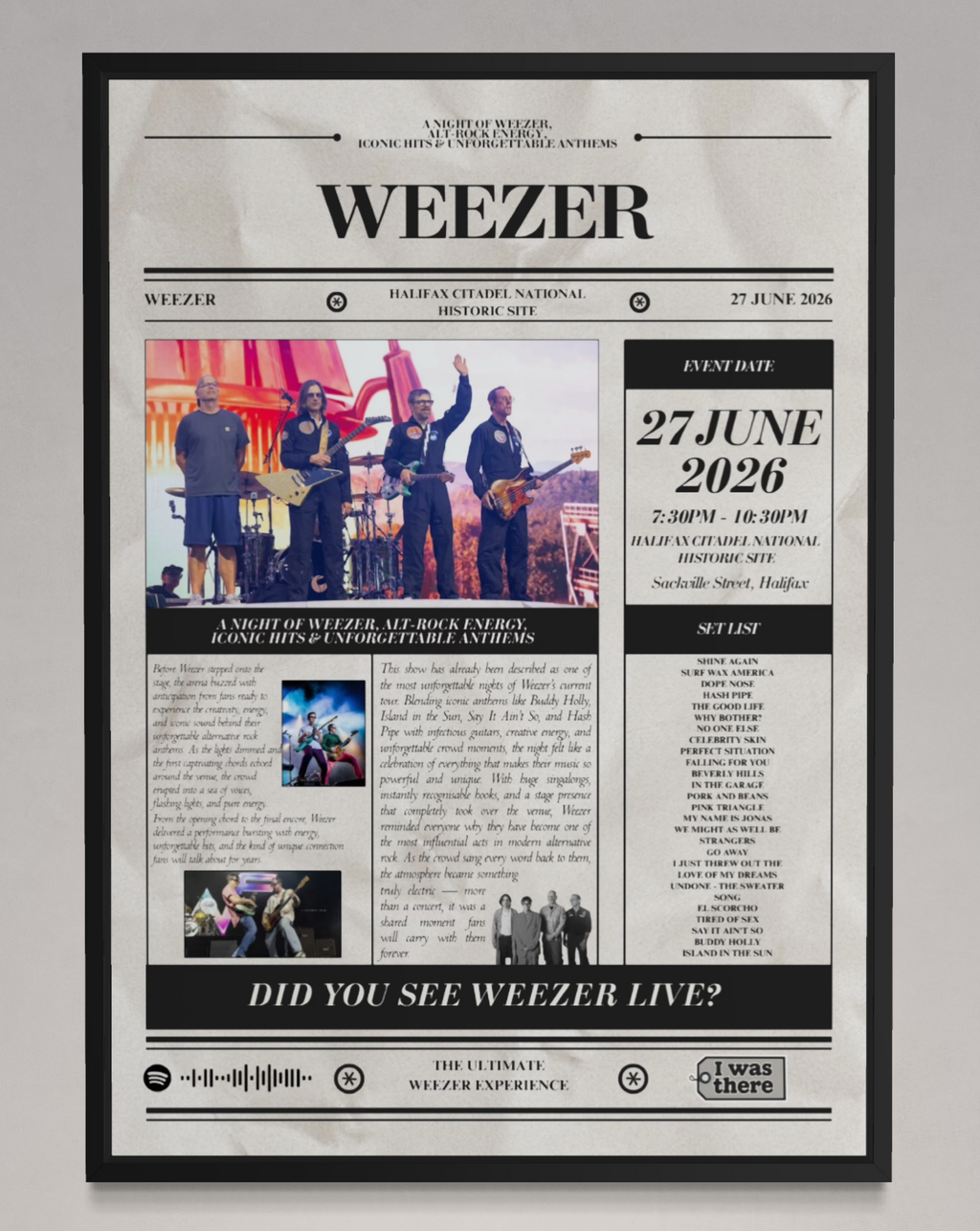 Weezer - Personalised Newspaper Style Concert Poster (USA Tour)