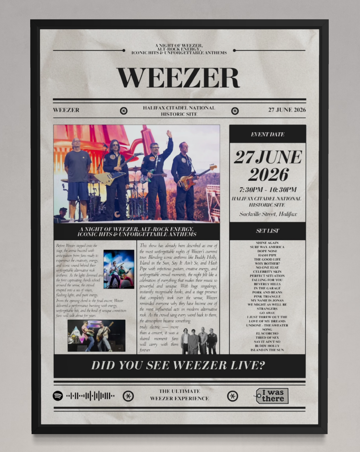 Weezer - Personalised Newspaper Style Concert Poster (USA Tour)