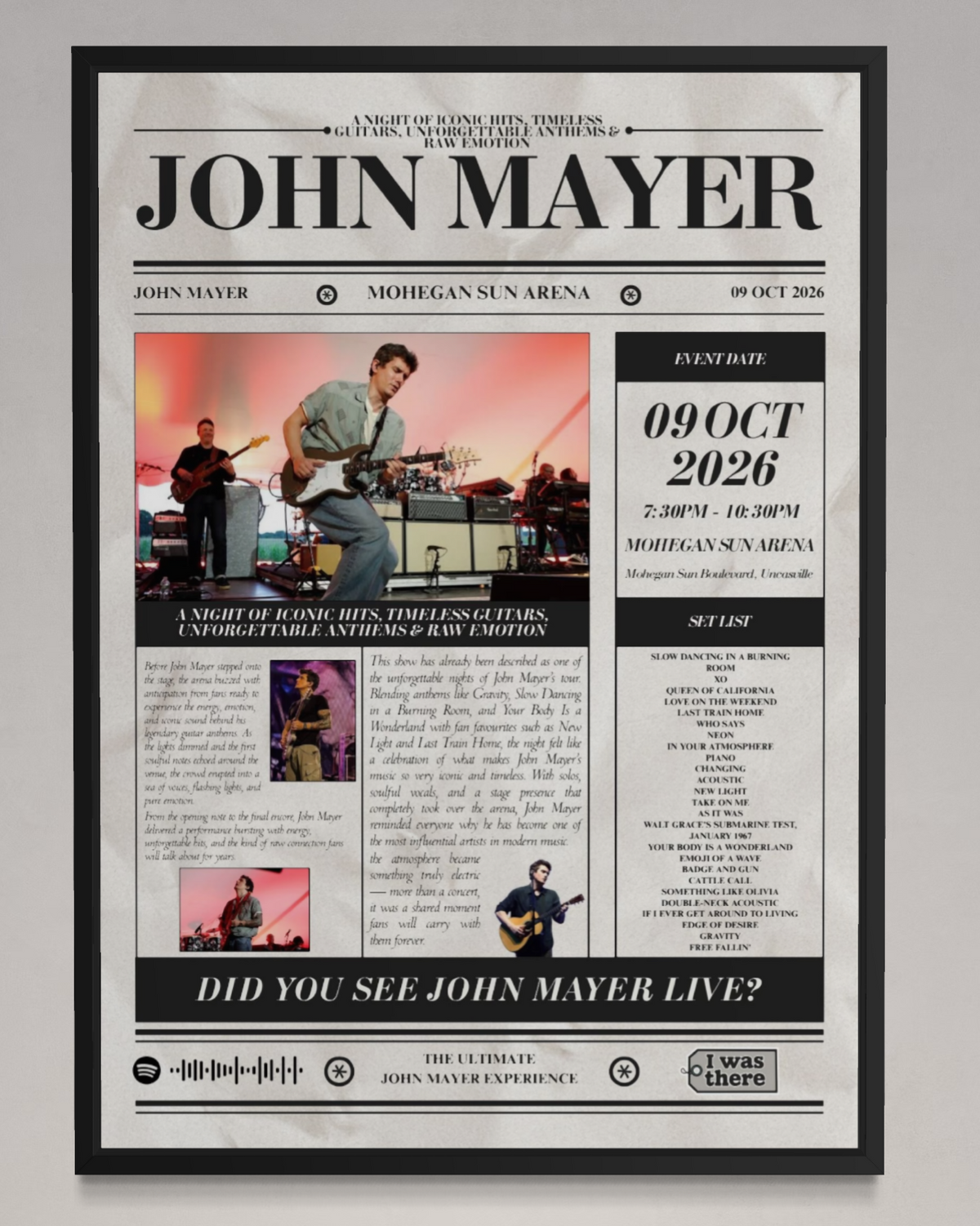 John Mayer - Personalised Newspaper Style Concert Poster (USA Tour)