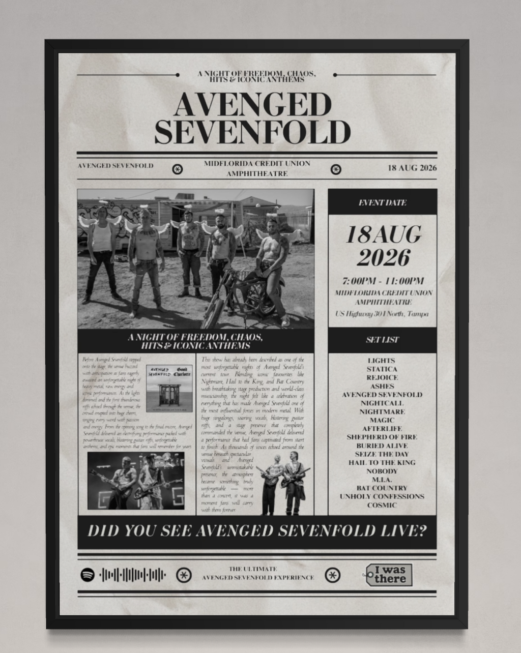 Avenged Sevenfold - Personalised Newspaper Style Concert Poster (USA Tour)