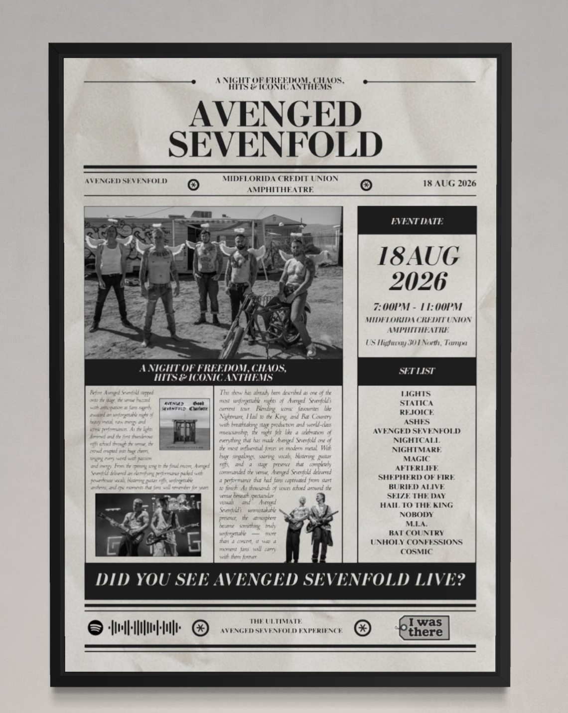 Avenged Sevenfold - Personalised Newspaper Style Concert Poster (USA Tour)