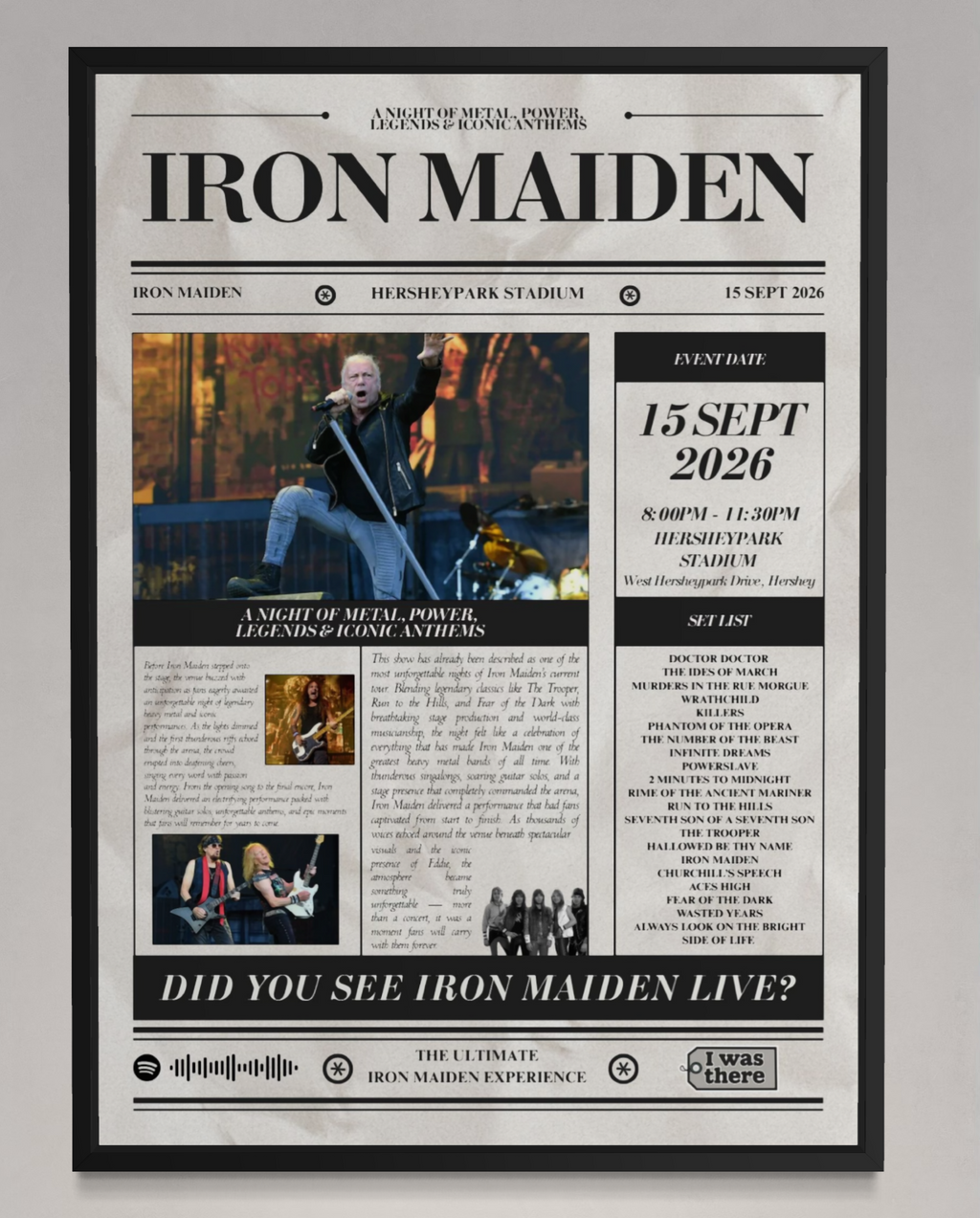 Iron Maiden - Personalised Newspaper Style Concert Poster (USA Tour)