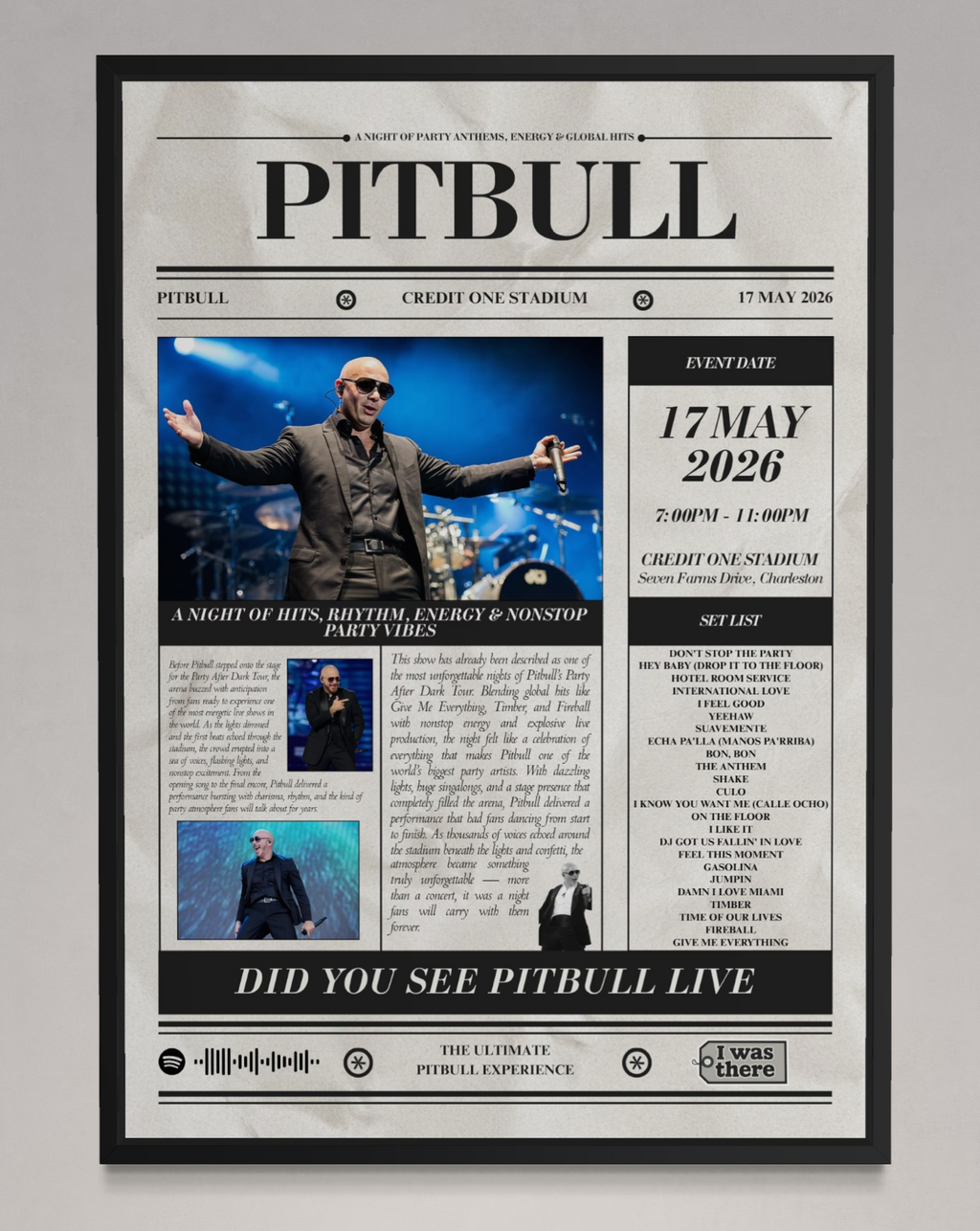 Pitbull - Personalised Newspaper Style Concert Poster (USA Tour)