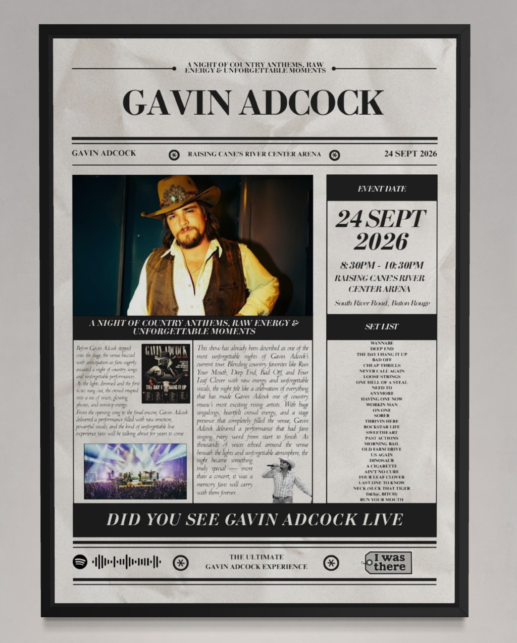 Gavin Adcock - Personalised Newspaper Style Concert Poster (USA Tour)
