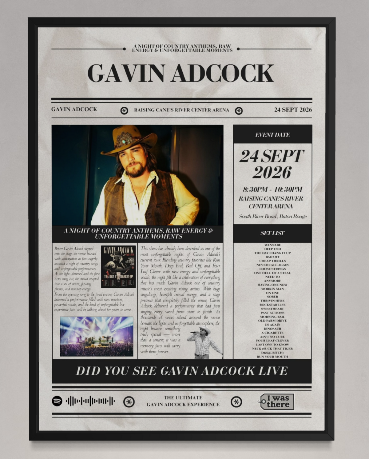 Gavin Adcock - Personalised Newspaper Style Concert Poster (USA Tour)