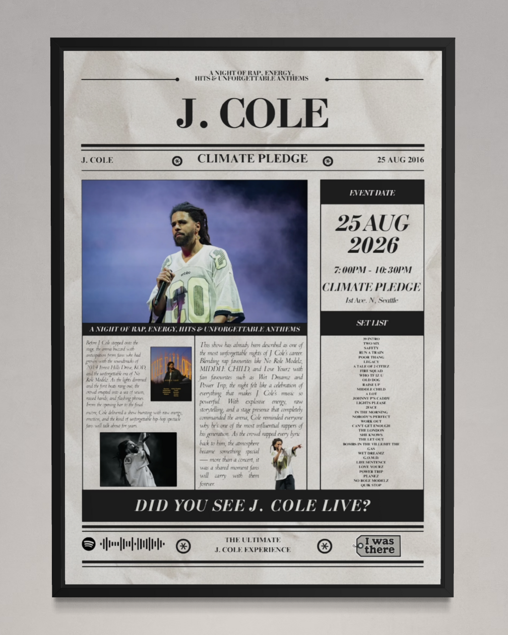 J. Cole - Personalised Newspaper Style Concert Poster (USA Tour)