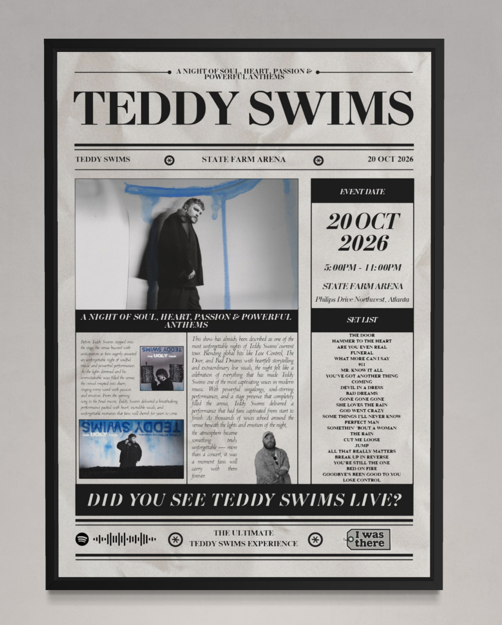 Teddy Swims - Personalised Newspaper Style Concert Poster (USA Tour)
