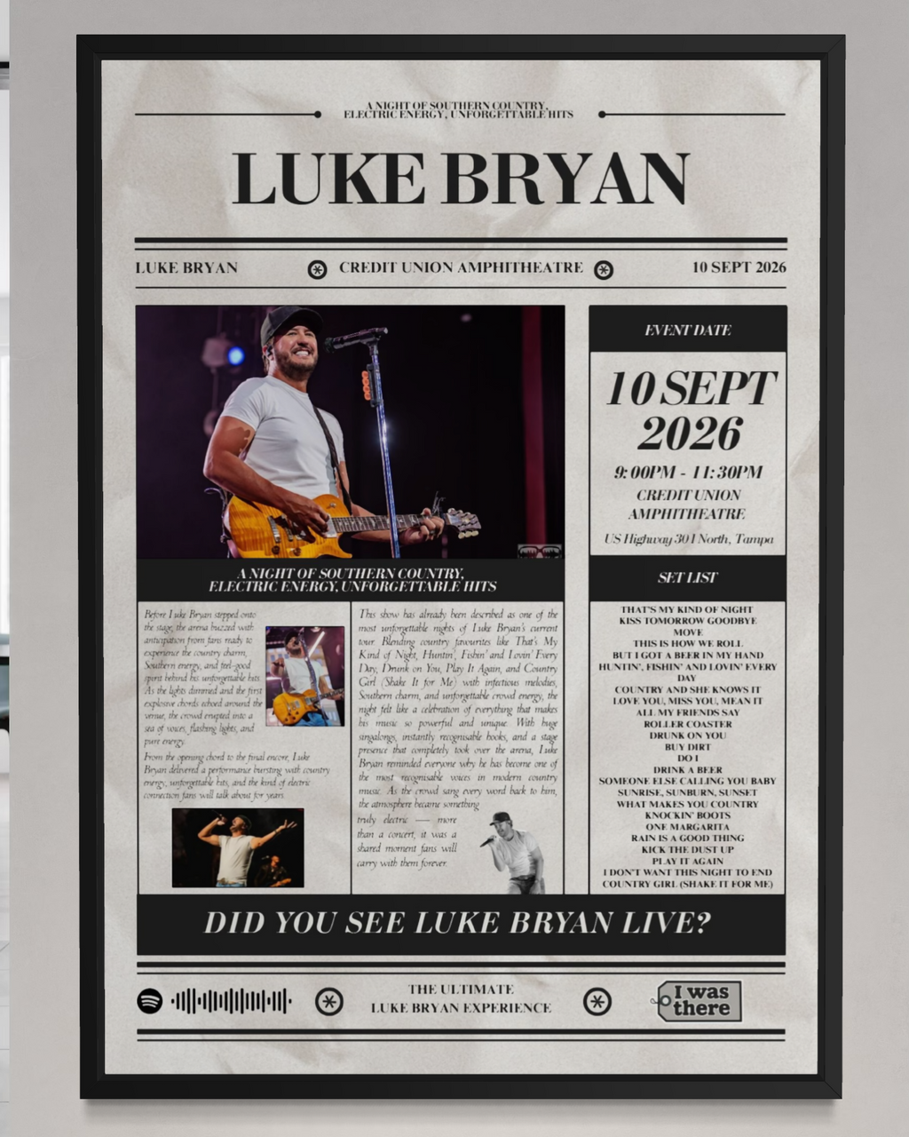 Luke Bryan - Personalised Newspaper Style Concert Poster (USA Tour)