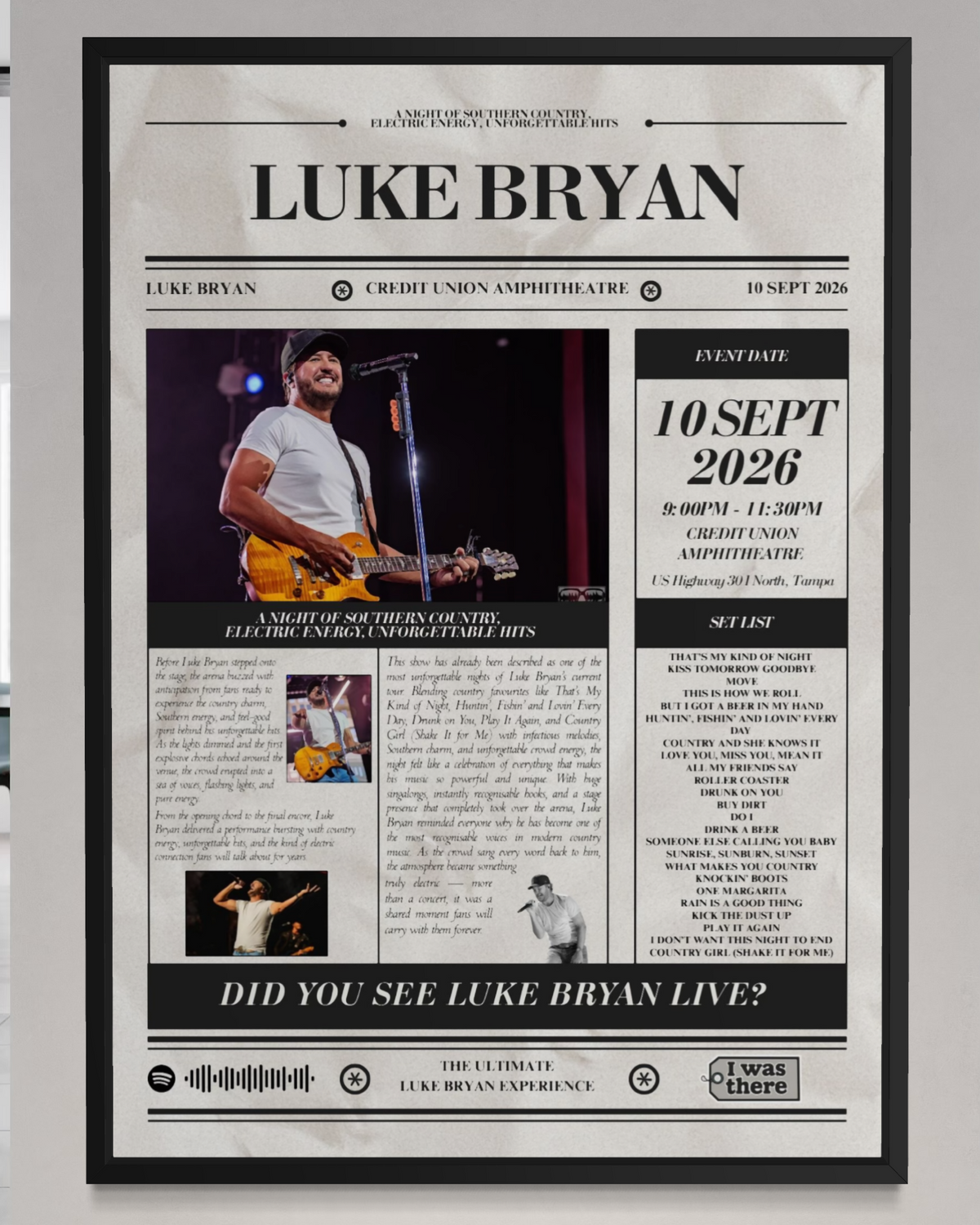 Luke Bryan - Personalised Newspaper Style Concert Poster (USA Tour)