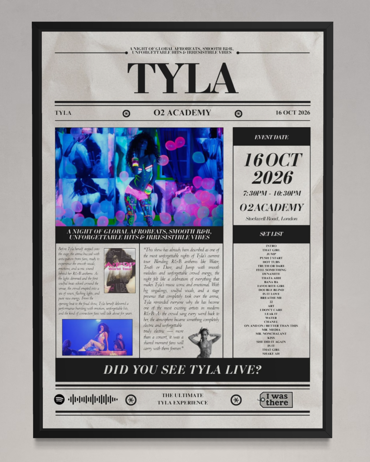 Tyla - Personalised Newspaper Style Concert Poster (USA Tour)