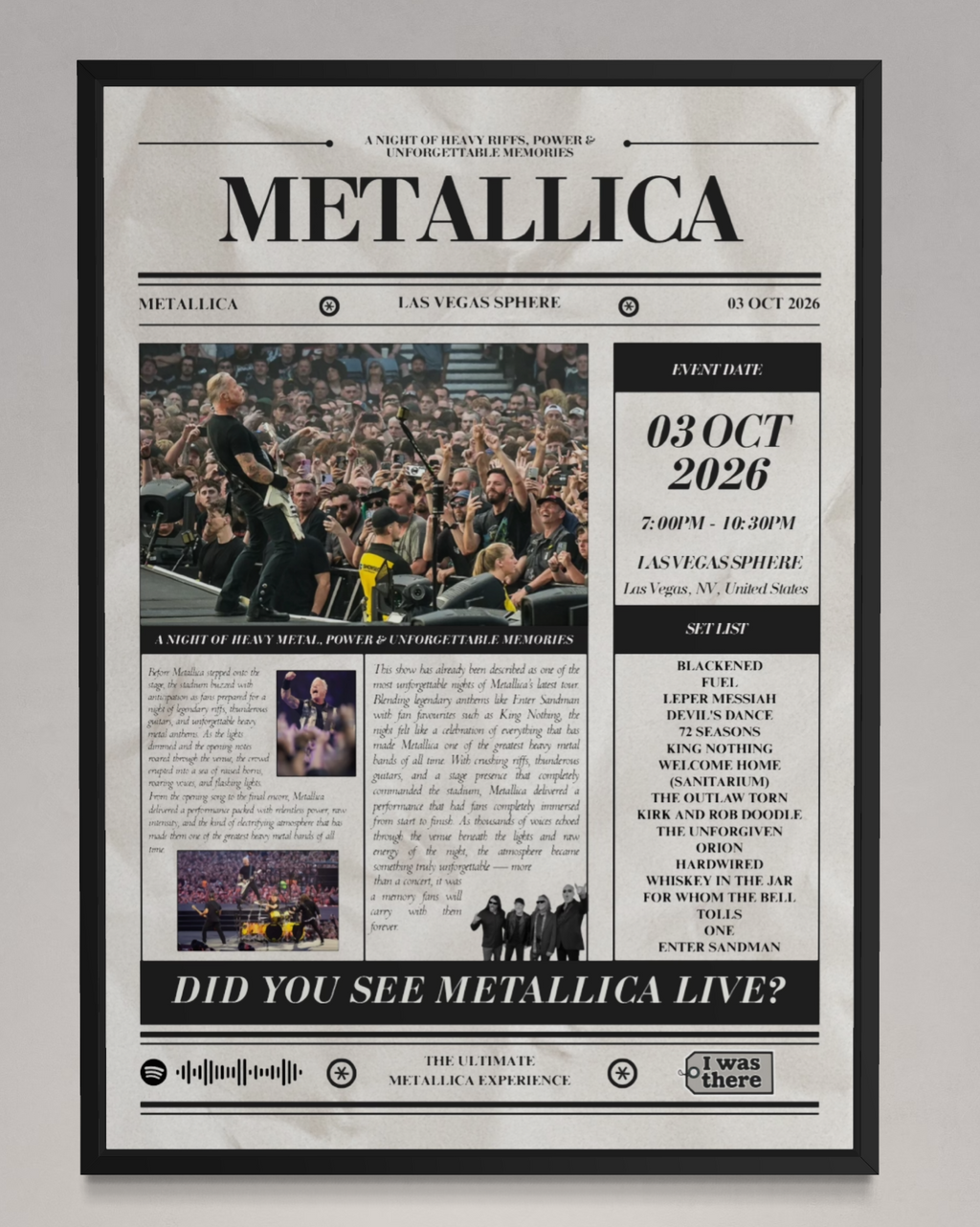 Metallica - Personalised Newspaper Style Concert Poster (USA Tour)